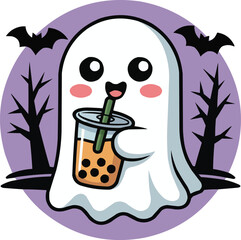 Boba Ghost  Cute Halloween Bubble Tea Character Vector

