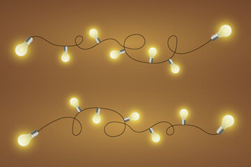 Christmas garland with glowing bulbs, realistic holiday lights.
