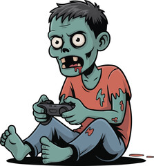 Cartoon Gamer Zombie Playing Video Game – Funny Halloween Gaming Vector

