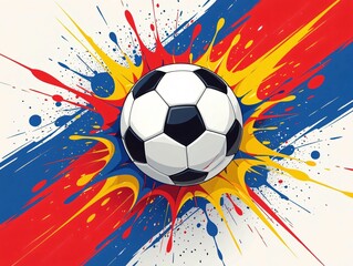 Soccer Ball Burst: A striking illustration of a soccer ball at the center of an energetic burst of colors, representing action, dynamism, and the thrill of the game. 
