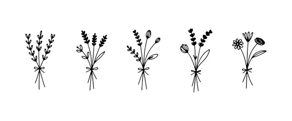 Delicate Hand-Drawn Bouquet. This artwork features a minimal floral bouquet with fine lines and botanical elements in an elegant outline sketch.