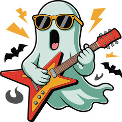 Cool Rock Star Ghost Playing Guitar Halloween Party Music Vector

