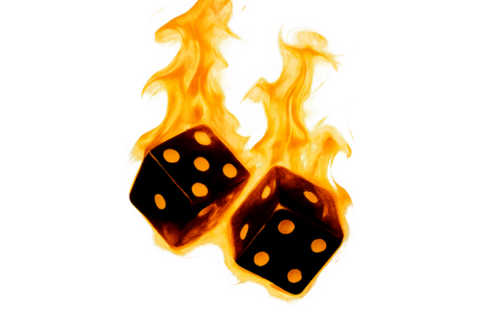 Two dice with flame burning together on transparent background