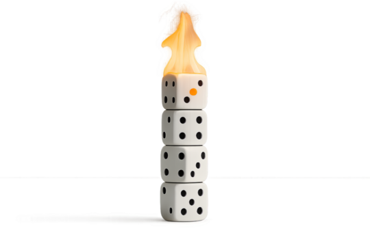 Stacked dice with flame on top and transparent background