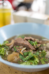 Noodle soup, with beef, meat ball. Close up
