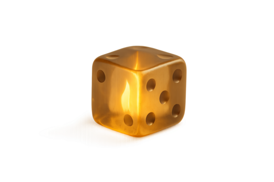 Transparent glowing dice with inner flame and transparent background