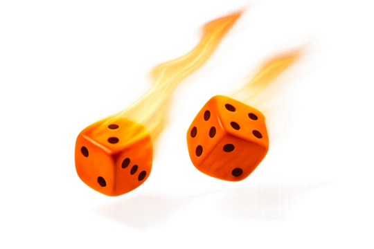Two red dice flying with flames and transparent background - Powered by Adobe