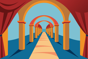 Whimsical hallway with curved arches and drapes