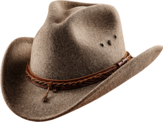 Light brownish-gray cowboy hat with a braided leather band