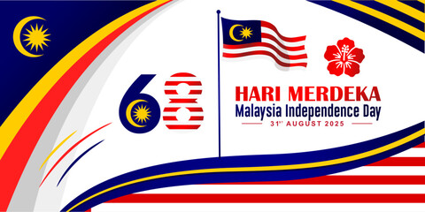 68th Malaysia "Merdeka Day" Means Independence Day 2025 greeting card, poster, banner, background, template. August 31st celebration of Hari Merdeka Malaysia national day. NotAI.