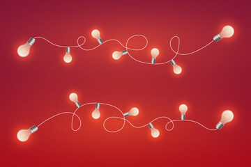 Realistic glowing Christmas garland on a red background, holiday decoration.