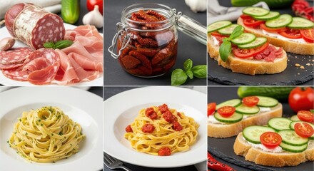 Italian Appetizers and Pasta Dishes Featuring Fresh Vegetables and Cured Meats