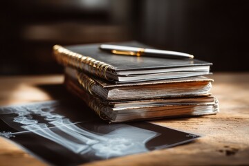 Knee pain surgery follow up concept. Stack of notebooks and an X-ray on a wooden table in a dimly lit setting.