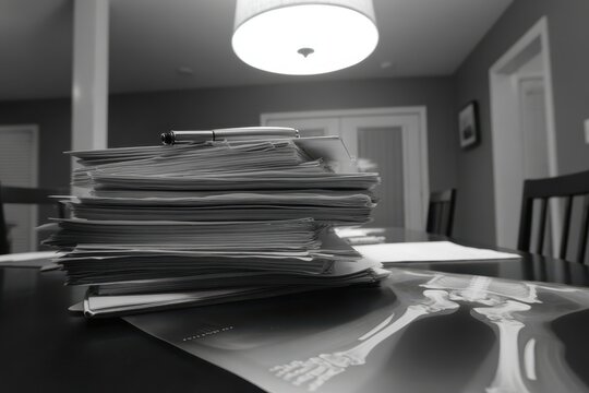Knee pain surgery follow up concept. A stack of medical files on a table with an X-ray in focus, set in a dimly lit room.