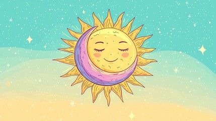 Cartoon sun and moon in space, dreamy illustration, great for kids' products