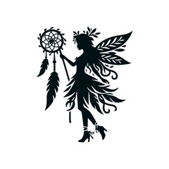 Fototapeta premium Silhouette of a mystical fairy with delicate wings holding a dreamcatcher adorned with feathers