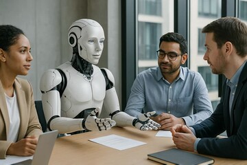 Ai Robot in Business Meeting with Diverse Team. AI Integration, Future of Work, and Human-Robot Collaboration Concept. - Powered by Adobe