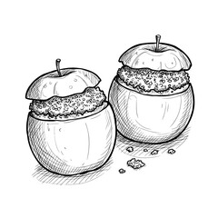 Baked Apples with Oat Crumble, monochrome vector sketch. Healthy autumn dessert, comfort food concept. For food blogs, recipe apps, seasonal menus