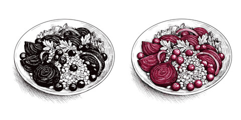 Autumn Salad with Beet, Cranberry and Barley on Decorative Plates, monochrome vector illustration. Healthy eating, gourmet vegetarian concept. For food blogs, recipe books, diet content
