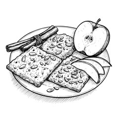 Cinnamon Crackers with Apple Slices and Cinnamon Sticks on Plate, monochrome vector sketch. Autumn snack, comfort food concept. For food blogs, recipe ideas, cafe promotions