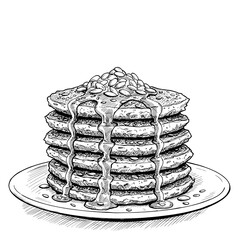 Oat Pancakes with Seeds and Pumpkin Syrup, monochrome vector sketch. Healthy autumn breakfast, comfort food concept. For food blogs, recipe apps, breakfast menus