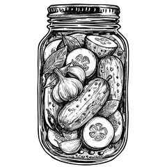 Pickled Cucumbers and Garlic in Jar with Chili Peppers, monochrome vector line art. Homemade preserves, autumn harvest concept. For food blogs, canning guides, grocery promotions
