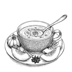 Pumpkin and Melon Soup with Spices in Bowl, monochrome vector sketch. Autumn cuisine, healthy unique flavor concept. For food blogs, recipe apps, restaurant menus