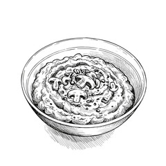 Pumpkin and Potato Purée with Mushroom Gravy in Bowl, monochrome vector sketch. Hearty autumn comfort food concept. For food blogs, recipe apps, healthy eating content