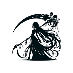 Stylized silhouette of the grim reaper holding a scythe with flowing robes and a skeletal hand