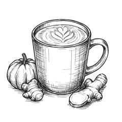 Pumpkin Spice Latte with Ginger, decorative foam art, monochrome vector sketch. Cozy autumn beverages, coffee shop concept. For cafe menus, social media, seasonal promotions