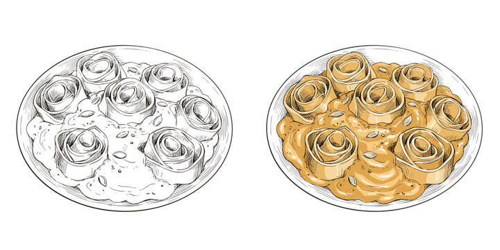 Pasta Roses with Pumpkin Cream on Decorative Plate, monochrome vector sketch. Gourmet autumn cuisine, creative plating concept. For food blogs, recipe collections, restaurant menus