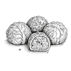 Stuffed Savoy Cabbage Balls Vector Sketch. Exposed filling. Traditional home cooking, comfort food concept. For food blogs, recipe apps, menus