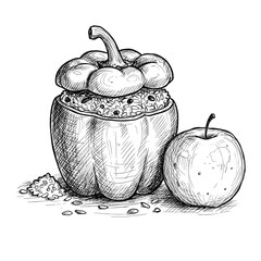 Stuffed Bell Pepper Vector Sketch with Rice and Baked Apple. Traditional autumn dish, healthy home cooking concept. For food blogs, recipe apps, fall menus