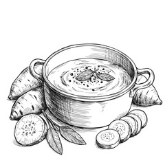 Sweet Potato Soup Monochrome Vector Illustration. Pot with fresh ingredients and herbs. Healthy comfort food, autumn recipes concept. For food blogs, cookbooks, diet plans