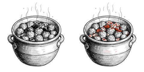 Vegetable Stew Vector Duo. Brussels sprouts and paprika, monochrome outline and color versions. Healthy eating, home cooking concept. For food blogs, recipe apps, diet content