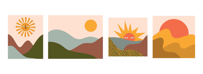 Abstract Sun and Landscape Vector Illustration Set. Bright and colorful geometric elements highlight each scene.