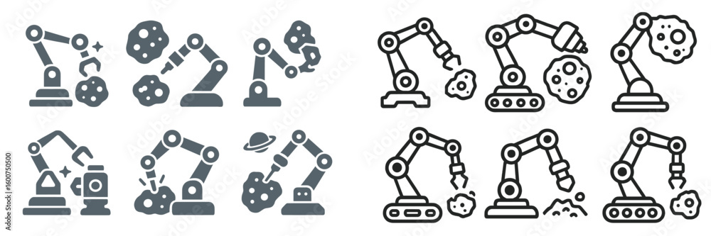 Poster robotic arms performing various tasks in an industrial setting with different shapes and objects on 