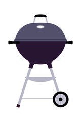 Charcoal barbecue grill with round lid, wheels and handles. Outdoor cooking equipment for grilling meat or vegetables. Simple illustration, stock flat vector, isolated.