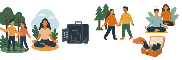 Meditation and wellness activities in a tranquil outdoor setting during the afternoon with diverse individuals engaging in relaxation techniques