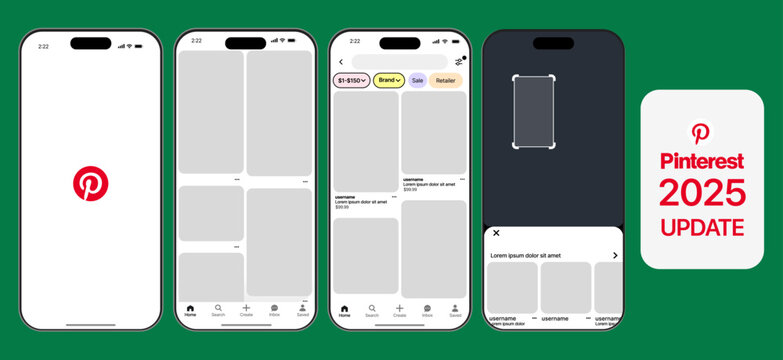 Pinterest UI mockup template. Visual discovery platform layout with pin board, user profile, and search interface. Website and mobile app design for inspiration and content sharing.