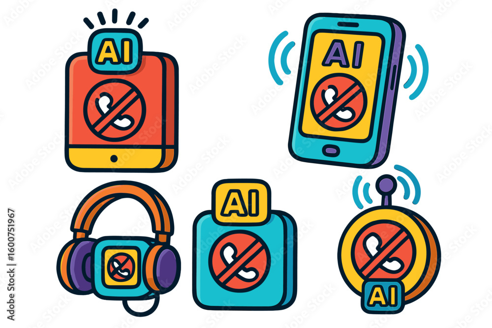 Poster tech icons representing artificial intelligence and communication restrictions during a digital priv