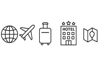 Travel planning essentials including globe, airplane, suitcase, hotel, and map symbols for vacations and adventures