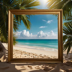 Framed Tropical Beach View with Palm Leaves and Golden Sand