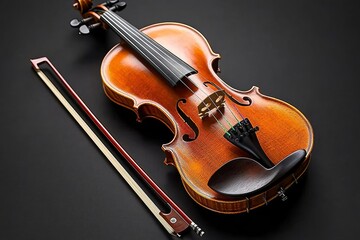 Fototapeta premium A detailed view of a beautifully crafted violin and bow showcases their rich wood tones against a sleek black backdrop, highlighting the artistry and craftsmanship of these musical instruments