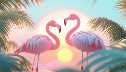 Obraz premium Stunning Pink Flamingos In Sunlight: A Paradise Scene With Two Majestic Flamingos Amidst Palm Trees And Sun. Untamed Beauty Of Nature.