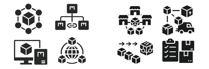 Warehouse management system icons illustrating logistics, transportation, and inventory management processes for efficient supply chain operations