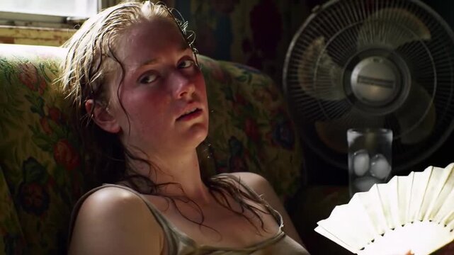 A flushed and sweaty young woman struggles with extreme summer heat, using a paper fan to cool down in a stifling room.