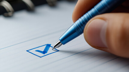 Hand completing a checklist with a pen. A hand is marking a checkbox with a blue pen on lined paper, indicating a completed task or list item.