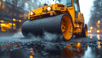 Crew paves street with roller. Heavy machinery works on a rainy street, smoothing asphalt while steam rises from the warm surface at dusk.