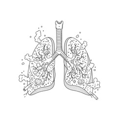 Illustration of human lungs with particles and smoke inside showing damage and disease